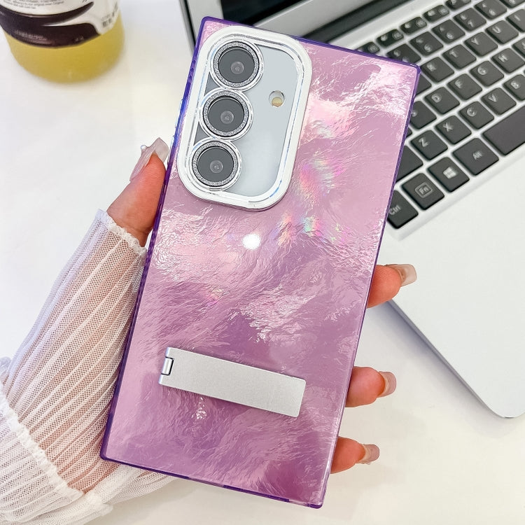 For Samsung Galaxy S25 5G Plating Glitter Texture Fold Holder TPU Phone Case with Lens Film