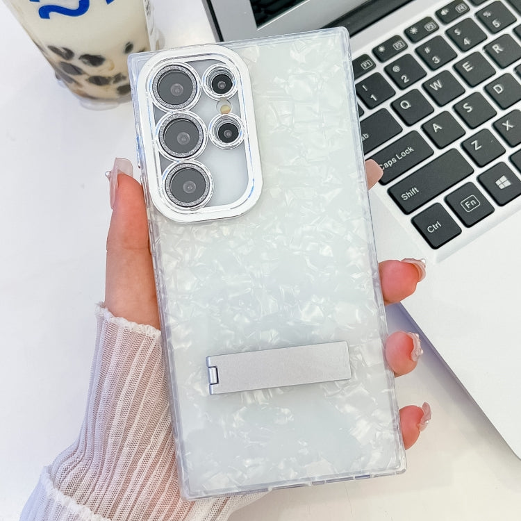 For Samsung Galaxy S25 Ultra 5G Plating Glitter Texture Fold Holder TPU Phone Case with Lens Film