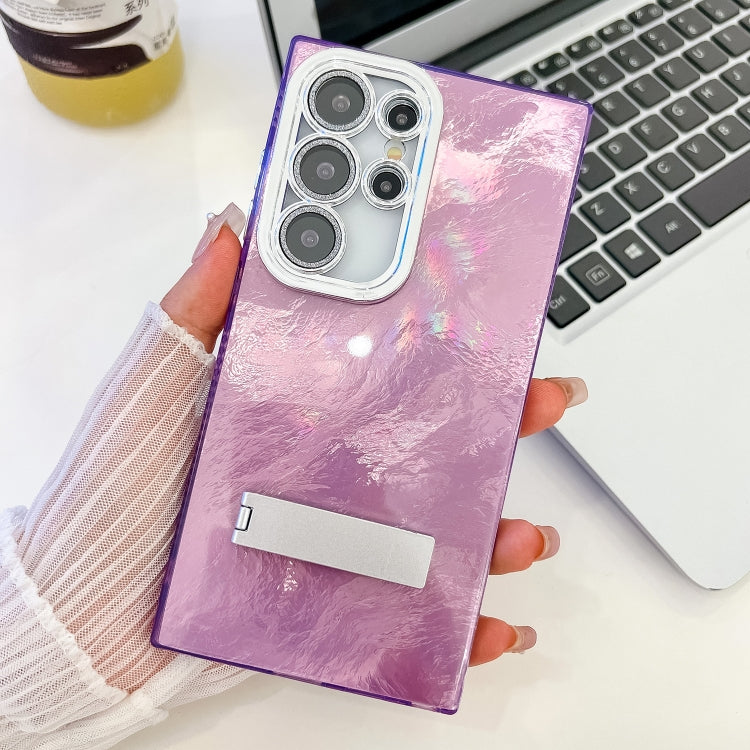 For Samsung Galaxy S25 Ultra 5G Plating Glitter Texture Fold Holder TPU Phone Case with Lens Film
