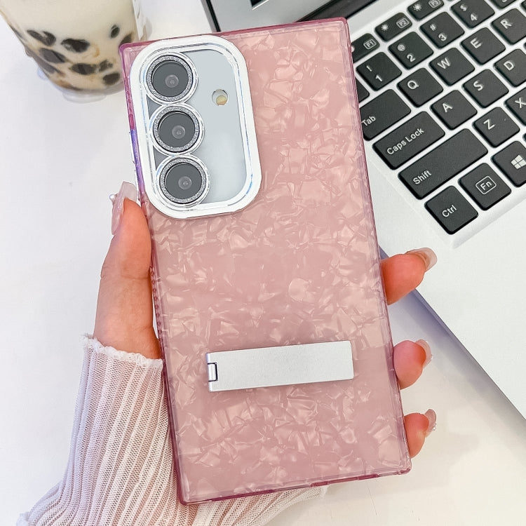 For Samsung Galaxy A16 5G Plating Glitter Texture Fold Holder TPU Phone Case with Lens Film