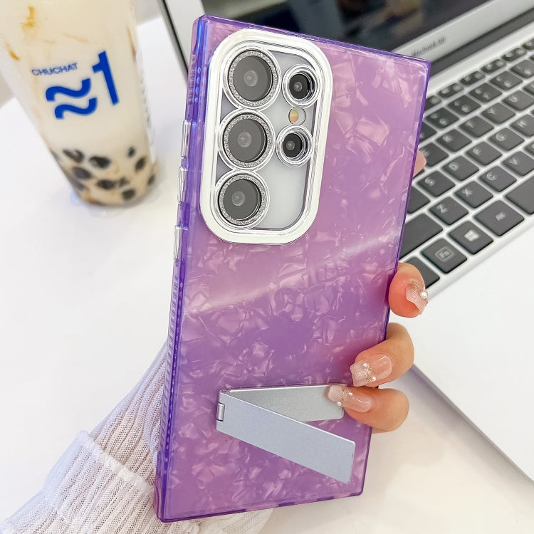 For Samsung Galaxy S25 Ultra 5G Plating Glitter Texture Fold Holder TPU Phone Case with Lens Film