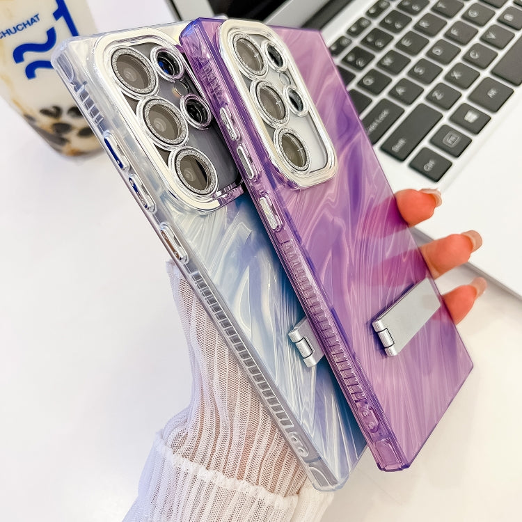 For Samsung Galaxy A25 5G Plating Glitter Texture Fold Holder TPU Phone Case with Lens Film