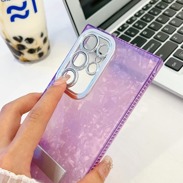 For Samsung Galaxy S24+ 5G Plating Glitter Texture Fold Holder TPU Phone Case with Lens Film