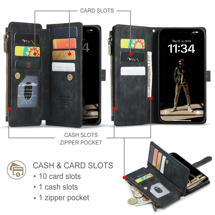 For iPhone 16 Plus CaseMe C30 Card Slots Zipper Wallet Leather Phone Case
