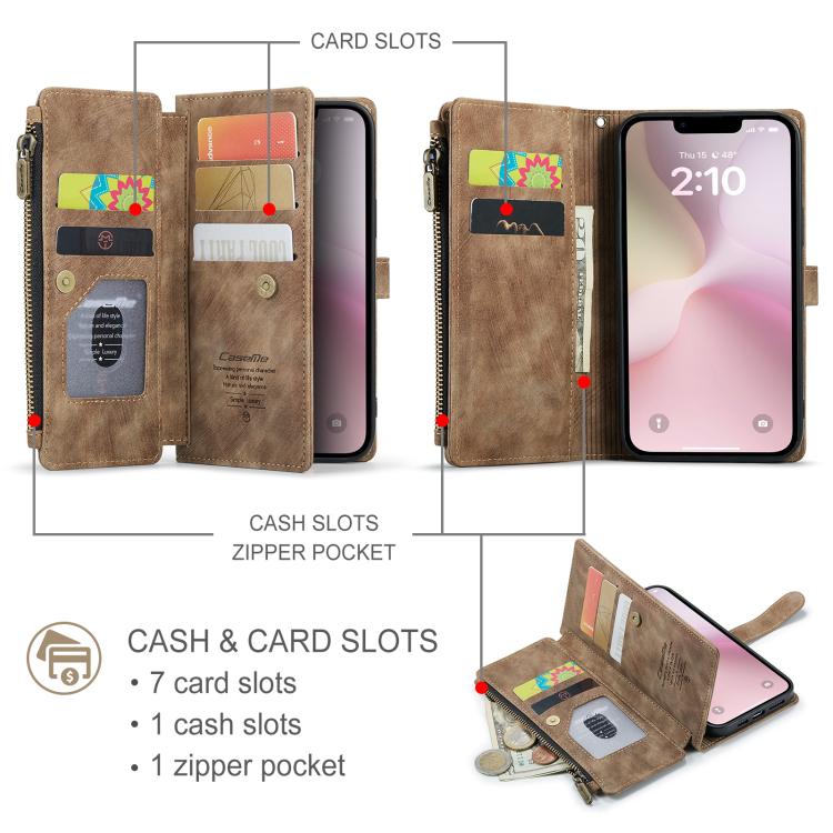 For iPhone 17e / 16e CaseMe C30 Card Slots Zipper Wallet Leather Phone Case