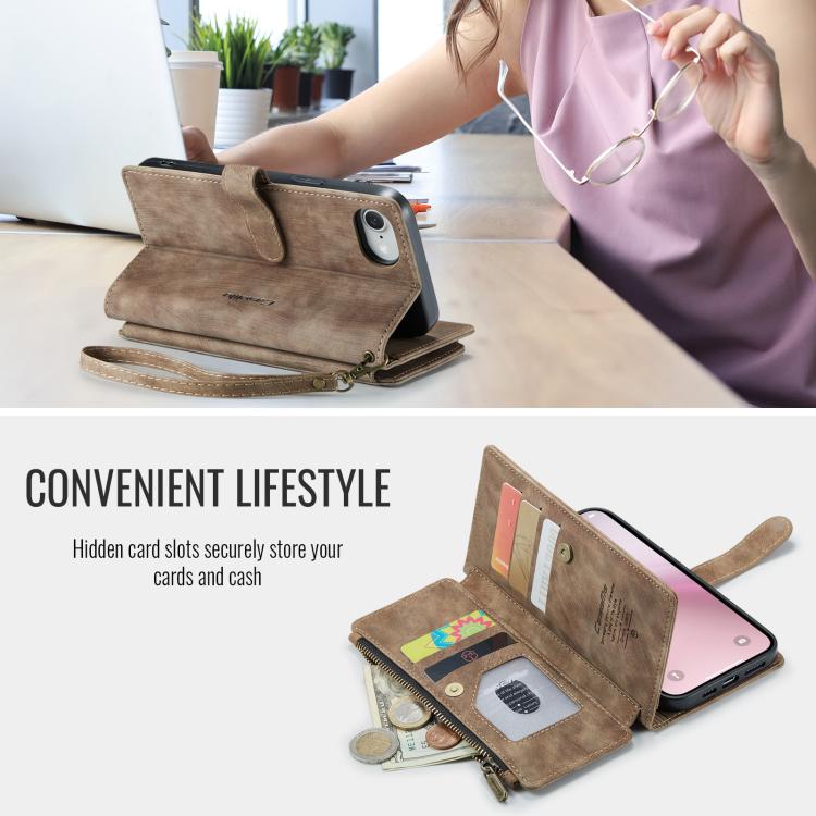 For iPhone 17e / 16e CaseMe C30 Card Slots Zipper Wallet Leather Phone Case