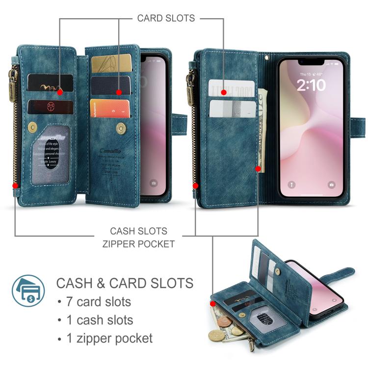 For iPhone 17e / 16e CaseMe C30 Card Slots Zipper Wallet Leather Phone Case