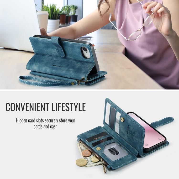 For iPhone 17e / 16e CaseMe C30 Card Slots Zipper Wallet Leather Phone Case