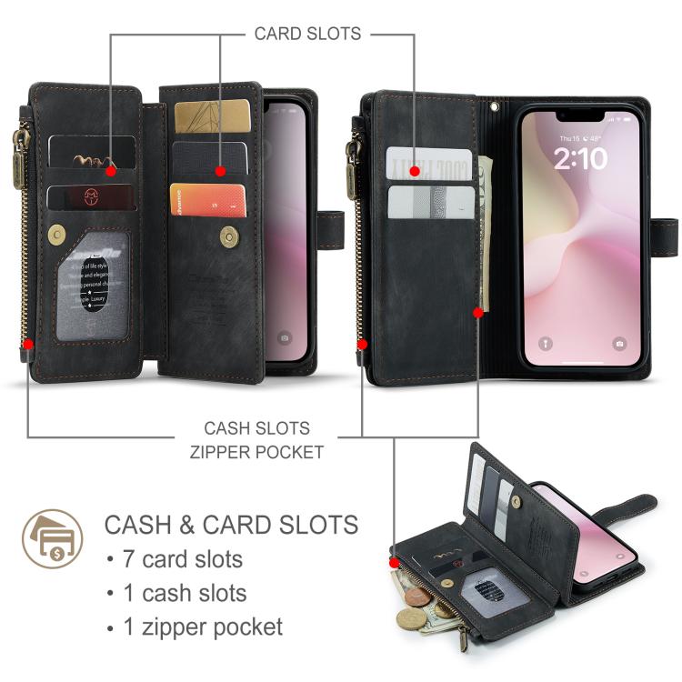 For iPhone 17e / 16e CaseMe C30 Card Slots Zipper Wallet Leather Phone Case
