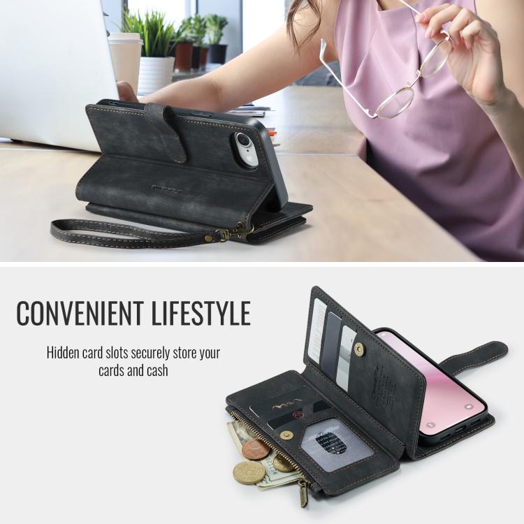 For iPhone 17e / 16e CaseMe C30 Card Slots Zipper Wallet Leather Phone Case