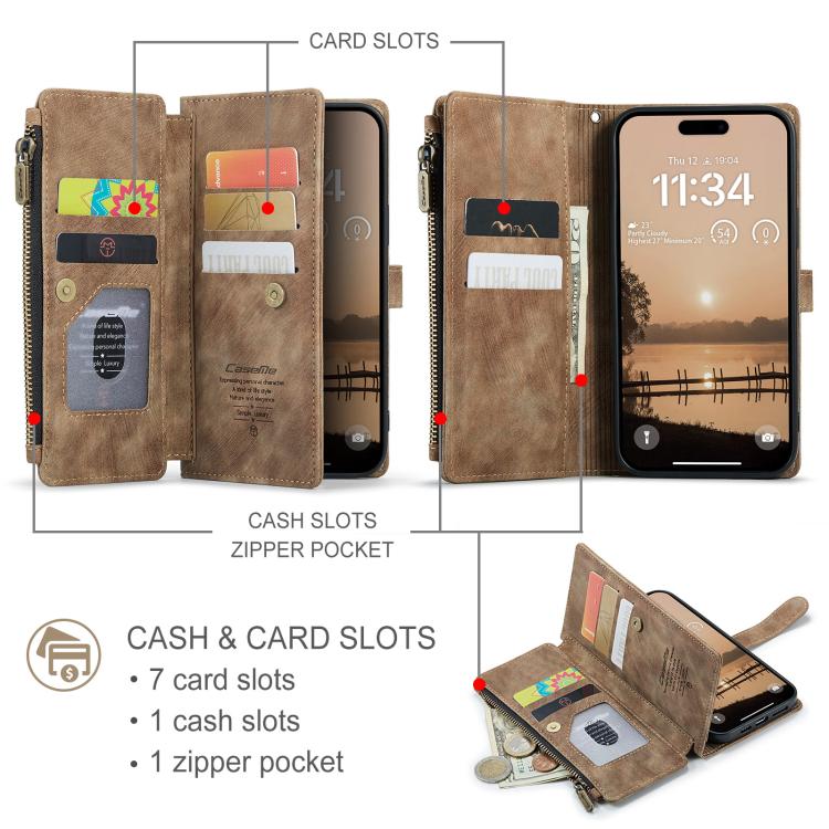 For iPhone 17 Pro CaseMe C30 Card Slots Zipper Wallet Leather Phone Case