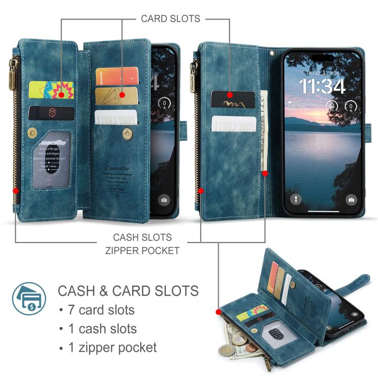 For iPhone 17 Pro CaseMe C30 Card Slots Zipper Wallet Leather Phone Case