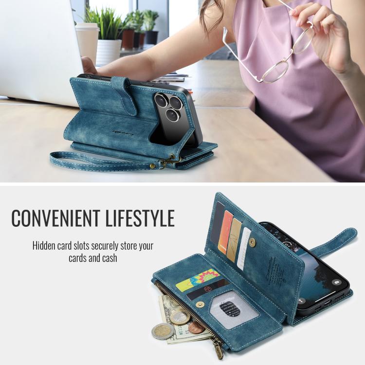 For iPhone 17 Pro CaseMe C30 Card Slots Zipper Wallet Leather Phone Case