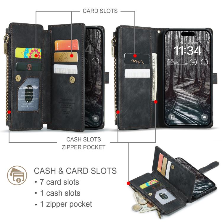 For iPhone 17 Pro CaseMe C30 Card Slots Zipper Wallet Leather Phone Case