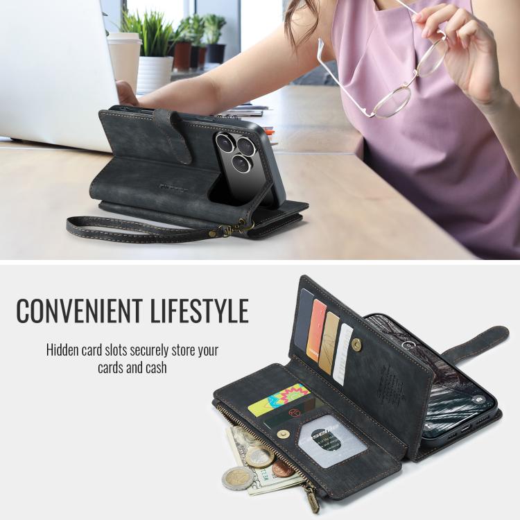 For iPhone 17 Pro CaseMe C30 Card Slots Zipper Wallet Leather Phone Case