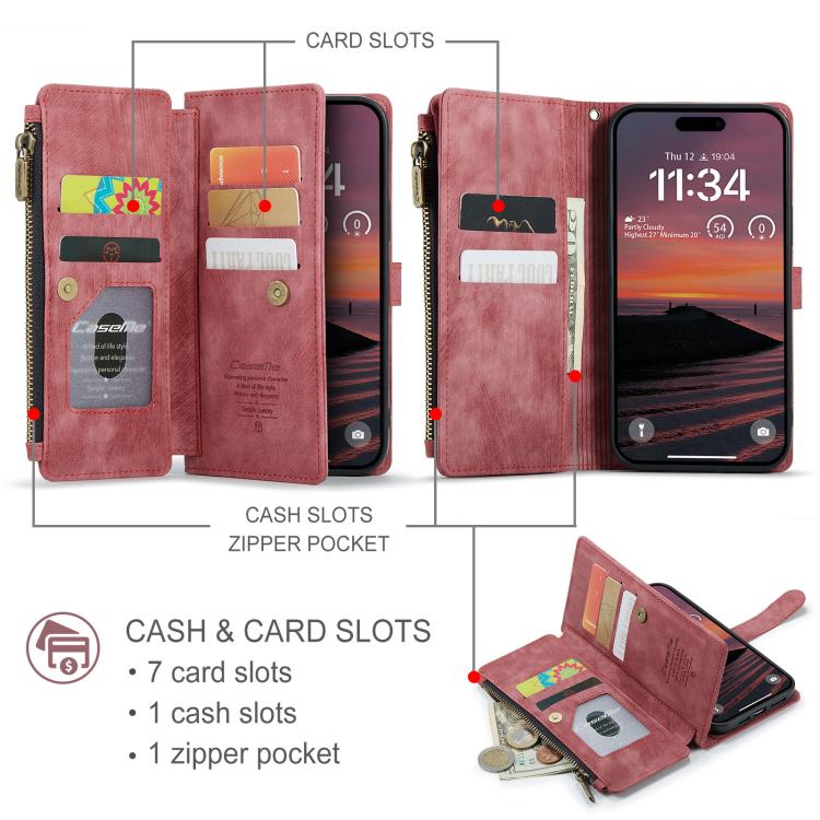 For iPhone 17 Pro CaseMe C30 Card Slots Zipper Wallet Leather Phone Case