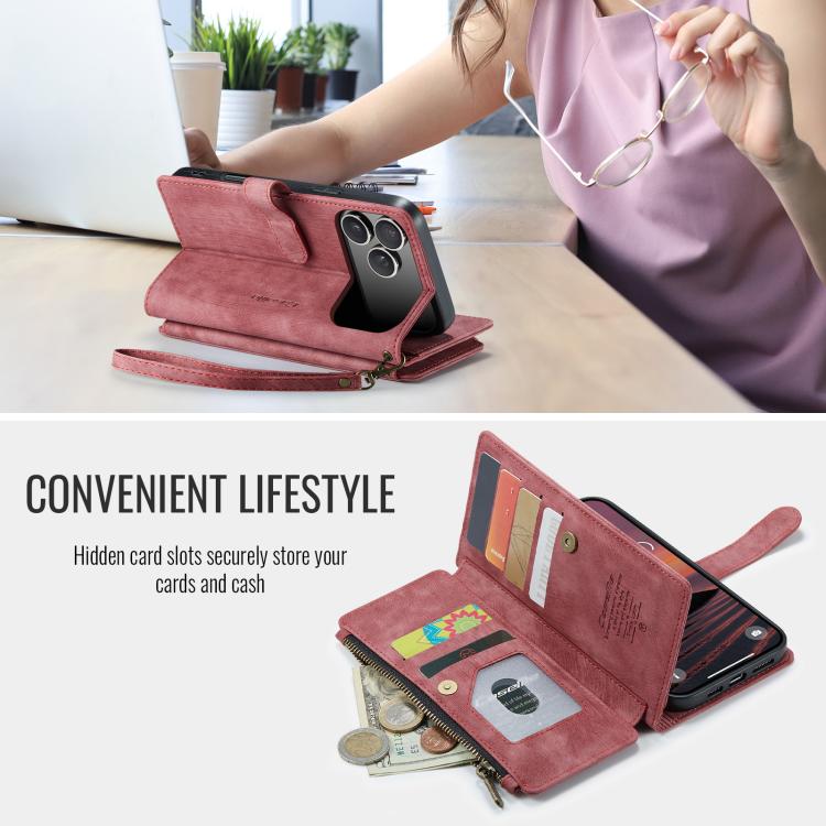 For iPhone 17 Pro CaseMe C30 Card Slots Zipper Wallet Leather Phone Case
