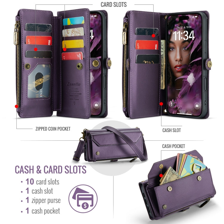 For iPhone 16 Pro Max CaseMe C36 Card Slots Zipper Wallet RFID Anti-theft Leather Phone Case