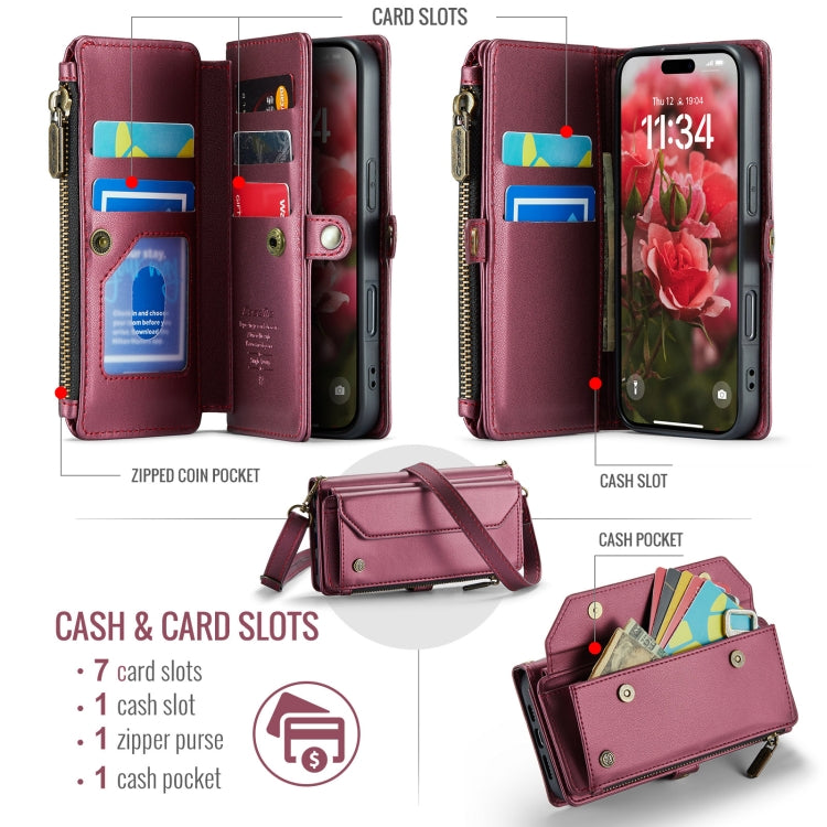 For iPhone 16 Pro CaseMe C36 Card Slots Zipper Wallet RFID Anti-theft Leather Phone Case