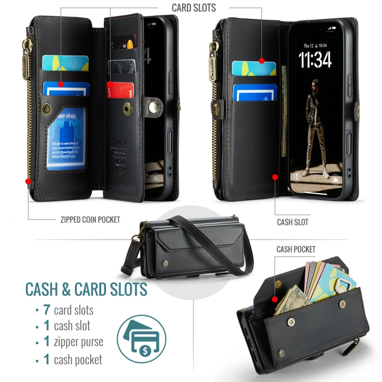 For iPhone 16 Pro CaseMe C36 Card Slots Zipper Wallet RFID Anti-theft Leather Phone Case