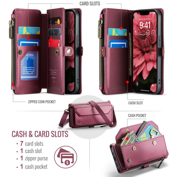 For iPhone 17e / 16e CaseMe C36 Card Slots Zipper Wallet RFID Anti-theft Leather Phone Case