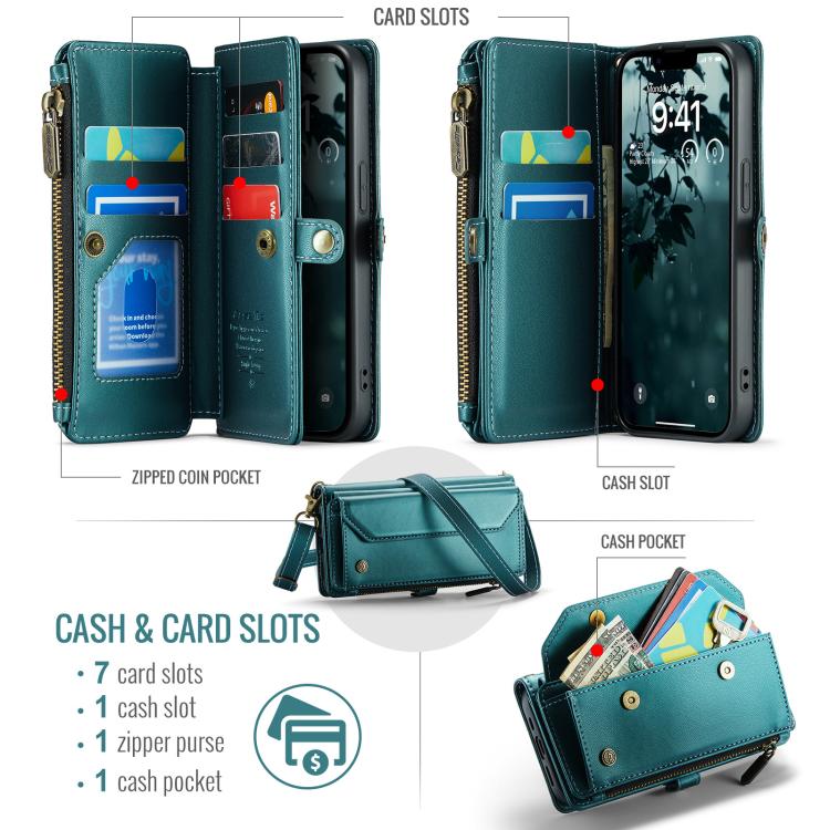 For iPhone 17e / 16e CaseMe C36 Card Slots Zipper Wallet RFID Anti-theft Leather Phone Case