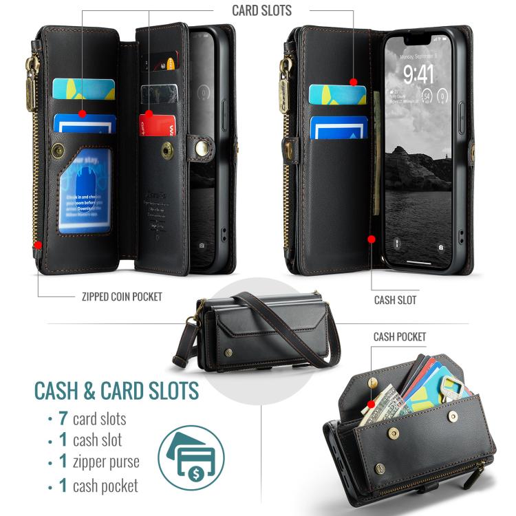 For iPhone 17e / 16e CaseMe C36 Card Slots Zipper Wallet RFID Anti-theft Leather Phone Case