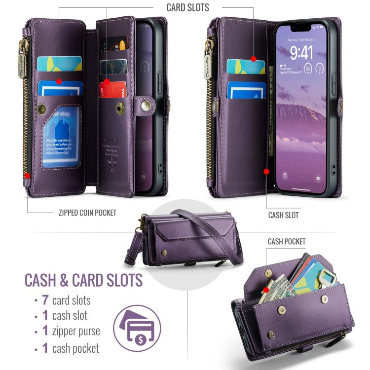For iPhone 17e / 16e CaseMe C36 Card Slots Zipper Wallet RFID Anti-theft Leather Phone Case