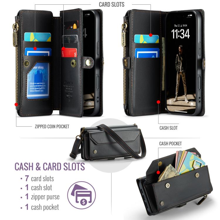 For iPhone 17 CaseMe C36 Card Slots Zipper Wallet RFID Anti-theft Leather Phone Case