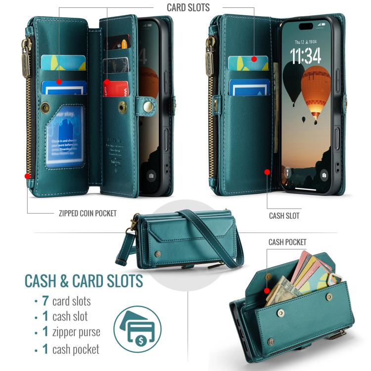 For iPhone 17 Pro CaseMe C36 Card Slots Zipper Wallet RFID Anti-theft Leather Phone Case