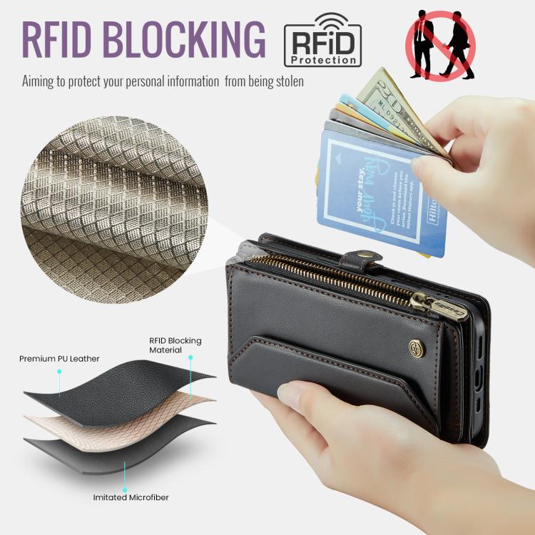 For iPhone 17 Pro CaseMe C36 Card Slots Zipper Wallet RFID Anti-theft Leather Phone Case