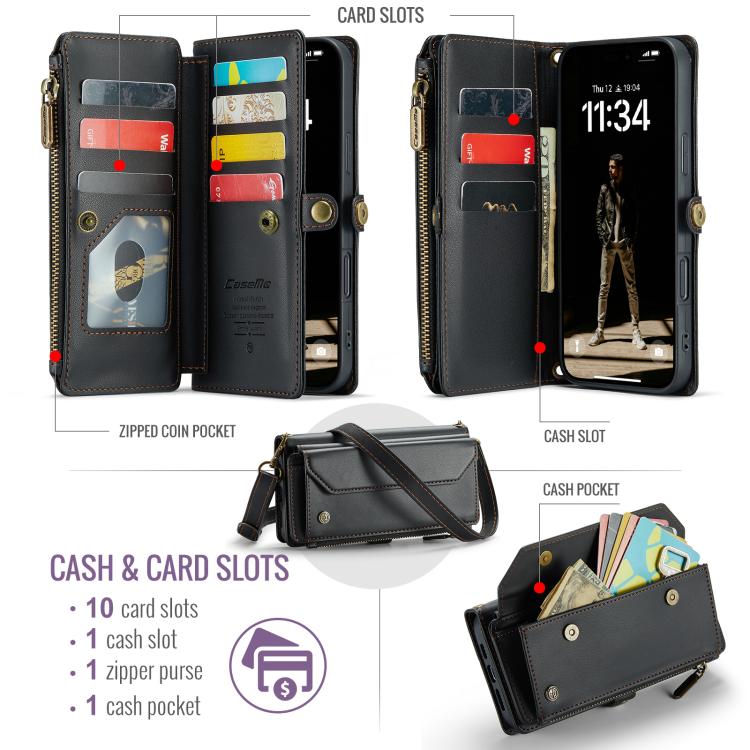 For iPhone 17 Pro Max CaseMe C36 Card Slots Zipper Wallet RFID Anti-theft Leather Phone Case