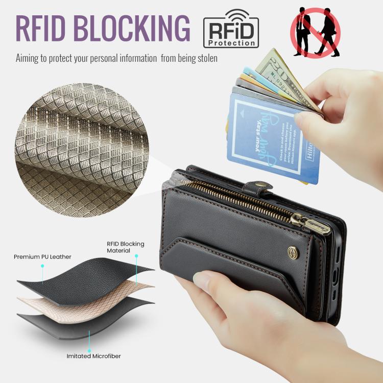 For iPhone 17 Pro Max CaseMe C36 Card Slots Zipper Wallet RFID Anti-theft Leather Phone Case
