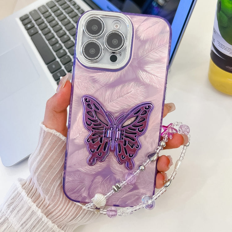 For iPhone 16 Pro Max Plating Glitter Lens Film Texture Butterfly Holder Wristband Phone Case