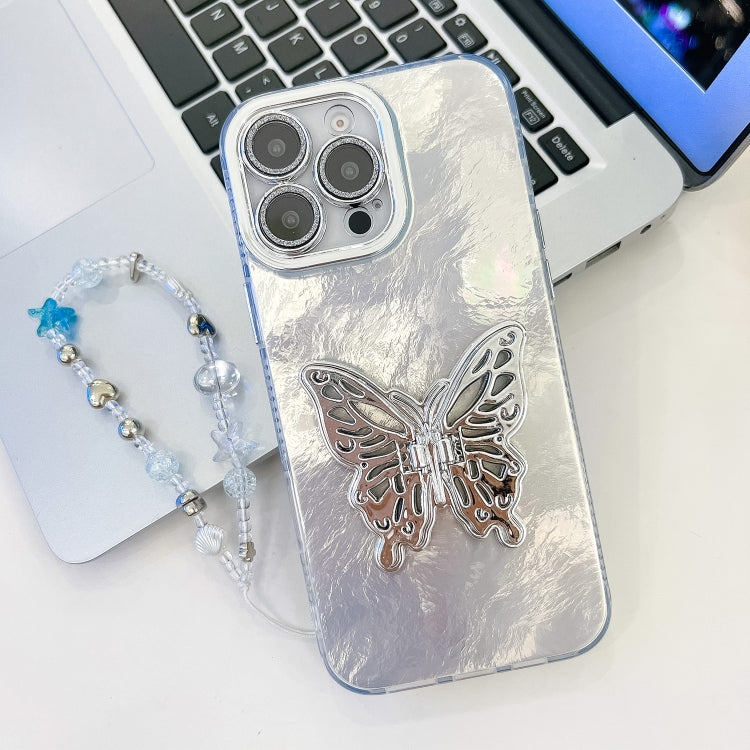 For iPhone 16 Pro Max Plating Glitter Lens Film Texture Butterfly Holder Wristband Phone Case