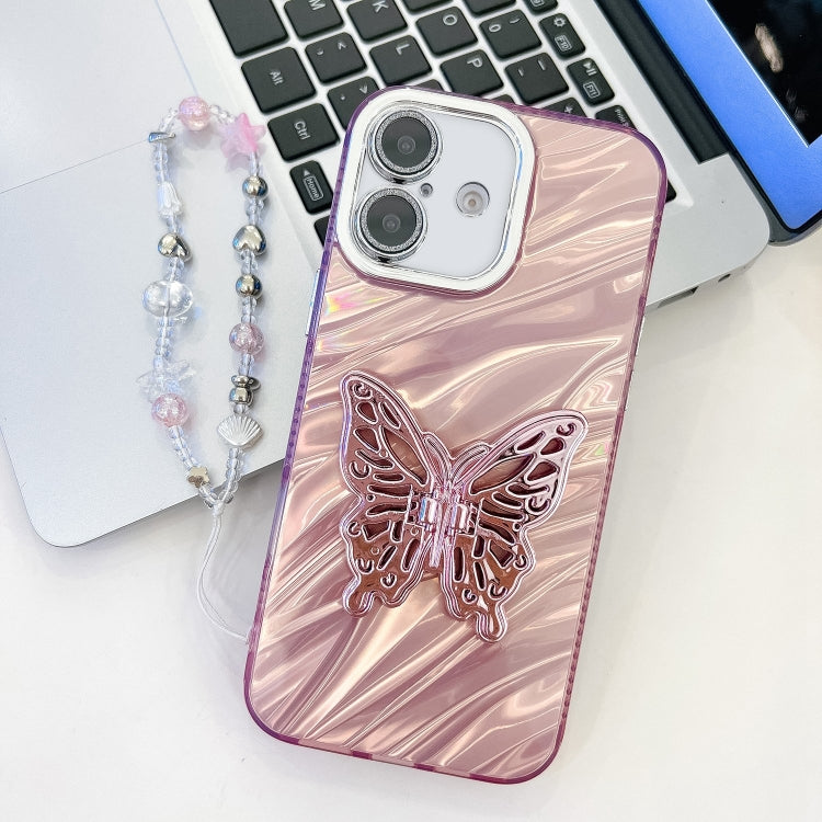 For iPhone 16 Plus Plating Glitter Lens Film Texture Butterfly Holder Wristband Phone Case