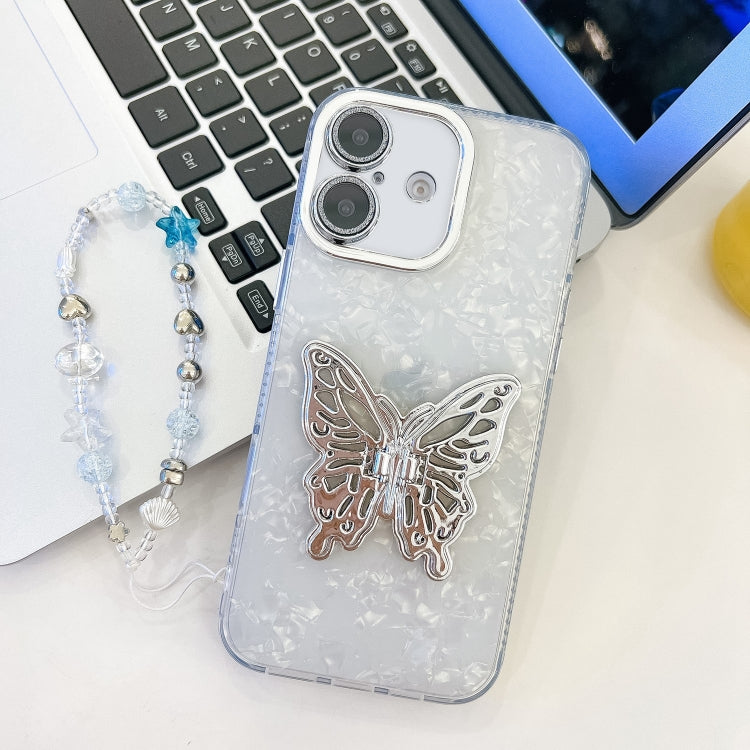 For iPhone 16 Plus Plating Glitter Lens Film Texture Butterfly Holder Wristband Phone Case