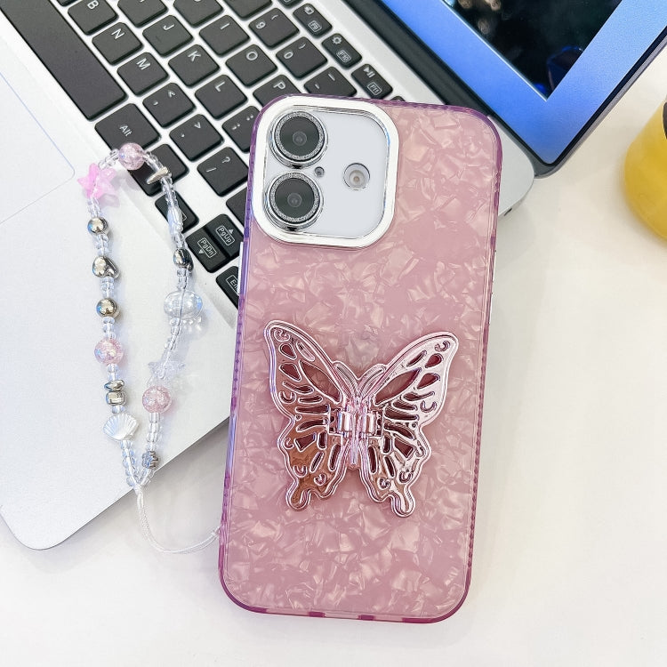 For iPhone 16 Plus Plating Glitter Lens Film Texture Butterfly Holder Wristband Phone Case