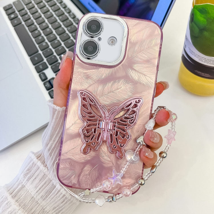 For iPhone 16 Plus Plating Glitter Lens Film Texture Butterfly Holder Wristband Phone Case