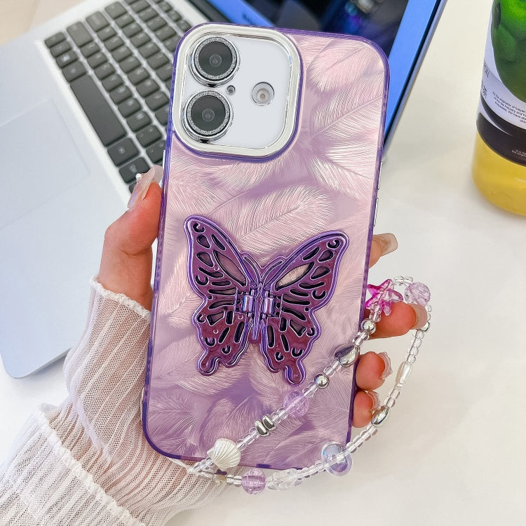 For iPhone 16 Plus Plating Glitter Lens Film Texture Butterfly Holder Wristband Phone Case