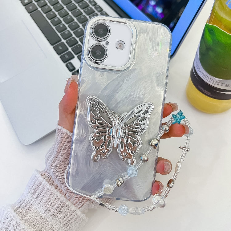 For iPhone 16 Plus Plating Glitter Lens Film Texture Butterfly Holder Wristband Phone Case