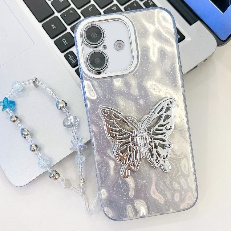 For iPhone 16 Plus Plating Glitter Lens Film Texture Butterfly Holder Wristband Phone Case