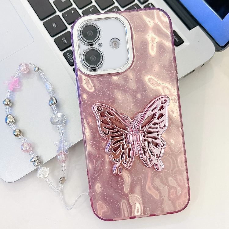 For iPhone 16 Plus Plating Glitter Lens Film Texture Butterfly Holder Wristband Phone Case
