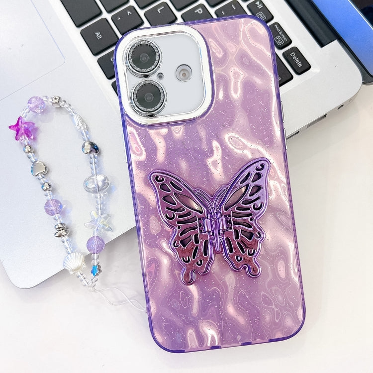 For iPhone 16 Plus Plating Glitter Lens Film Texture Butterfly Holder Wristband Phone Case