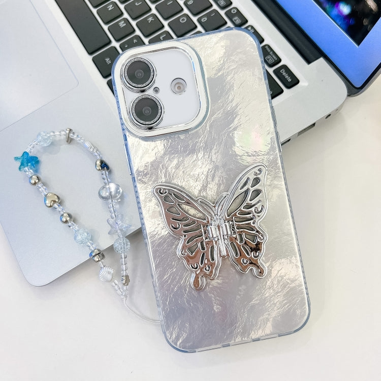 For iPhone 16 Plus Plating Glitter Lens Film Texture Butterfly Holder Wristband Phone Case