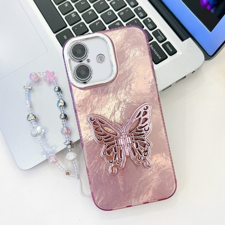 For iPhone 16 Plus Plating Glitter Lens Film Texture Butterfly Holder Wristband Phone Case