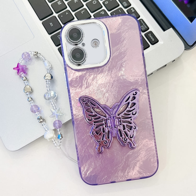For iPhone 16 Plus Plating Glitter Lens Film Texture Butterfly Holder Wristband Phone Case