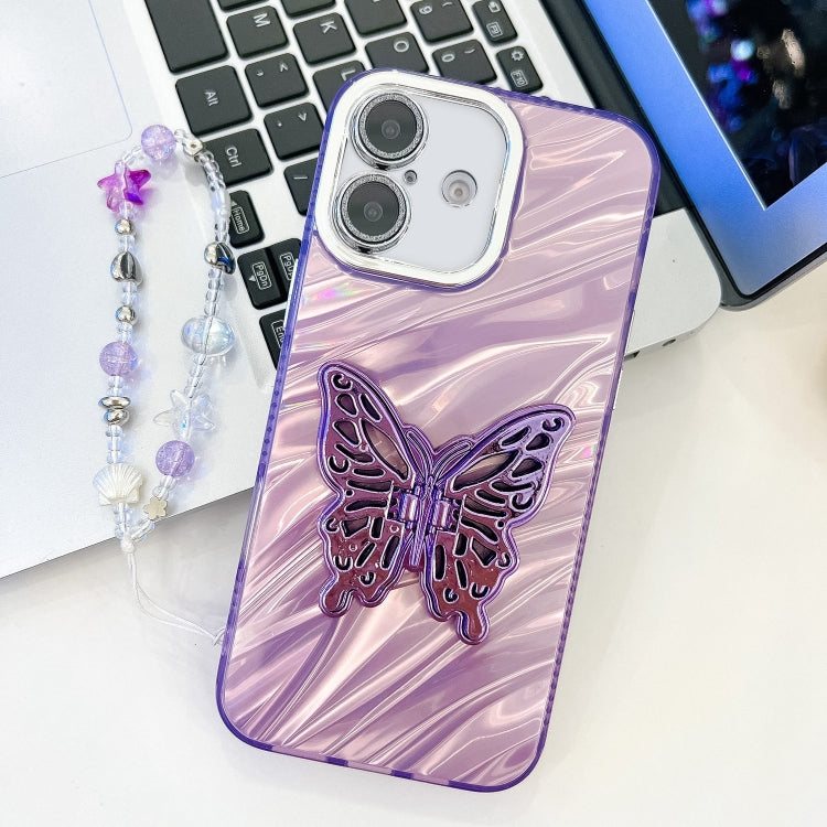 For iPhone 16 Plating Glitter Lens Film Texture Butterfly Holder Wristband Phone Case