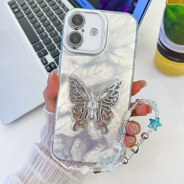 For iPhone 16 Plating Glitter Lens Film Texture Butterfly Holder Wristband Phone Case