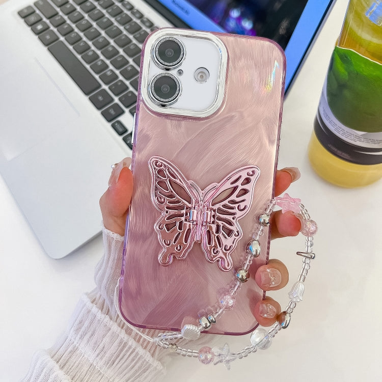 For iPhone 16 Plating Glitter Lens Film Texture Butterfly Holder Wristband Phone Case